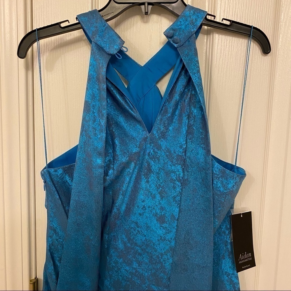 Aidan by Aidan Mattox Halter Sleeveless Foiled Mermaid Gown in Ocean Dream - Picture 9 of 11